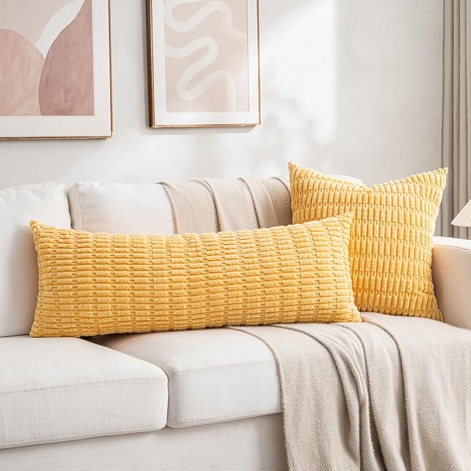 Fancy Homi Decorative Throw Pillow Covers for Bed Couch Bedroom Bench, Soft Corduroy Solid Pillow Case, Rustic Farmhouse Boho Room Decor,36" x 14" (Pack of 1),Yellow