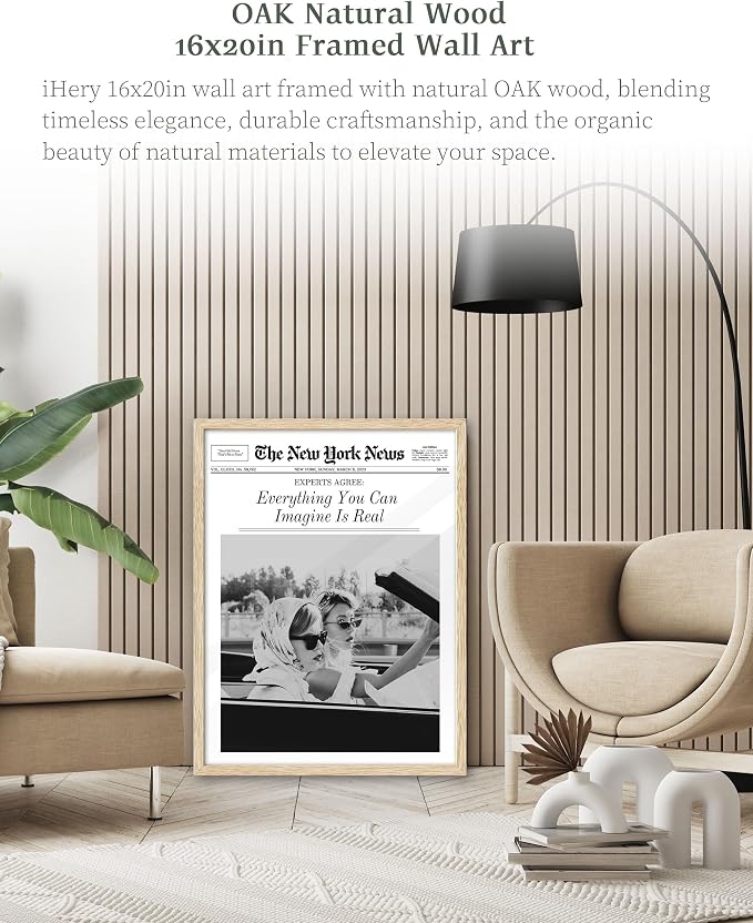 iHery 16x20in Everything You Can Imagine Is Real Framed Newspaper Art | Natural OAK Wood Frame with Canvas Print, Vintage Girls Decor for Bedroom, Living Room, Dorm and Gallery Wall, 1Pack