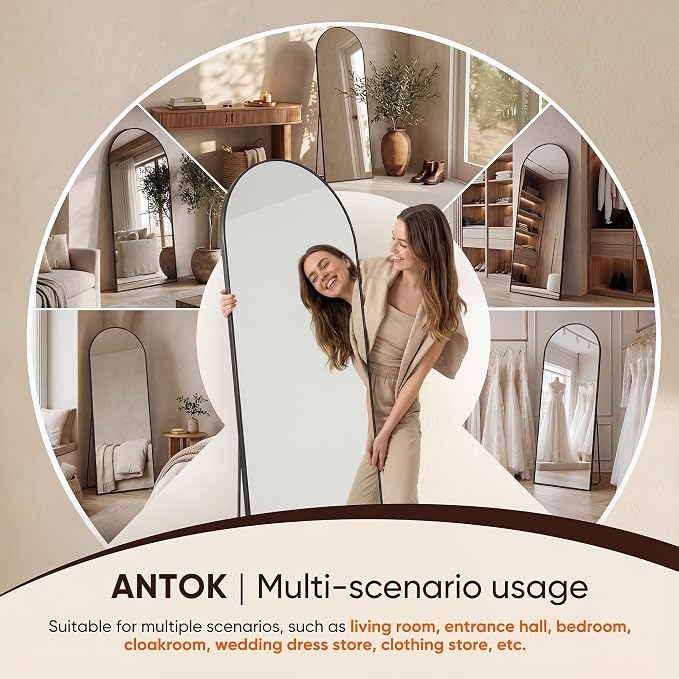 Antok 58" x18” Arched Full Length Floor Mirror, Black Aluminum Frame, Free Standing/Wall Mount/Leaning for Bedroom, Living Room, Dressing Room