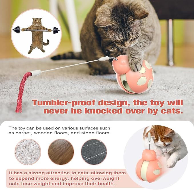 Cat Treat Dispenser Tumbler Food Toy Cats Slow Feed Ball Wand Teaser (Pink)
