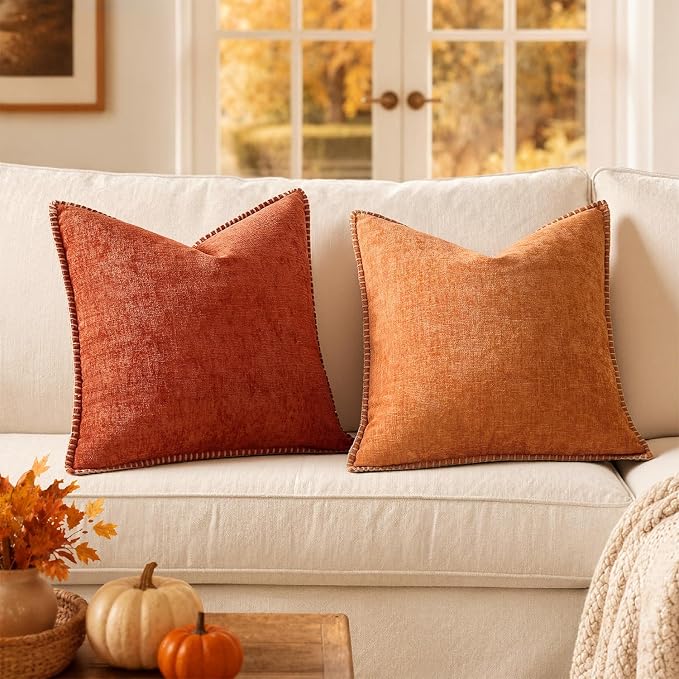 MIULEE Fall Decorative Couch Throw Pillow Covers 18x18 Inch Orange 2 Pack | Farmhouse Pillow Covers with Stitched Edge, Soft Chenille Cushion Cases, for Sofa Bed Living Room Home Decor