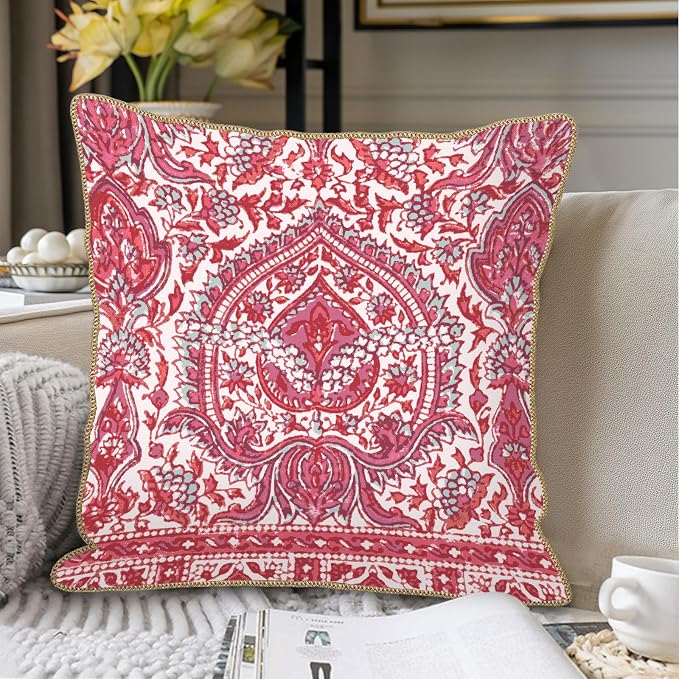 KSLIDS Pink Teal Flower Soft Velvet Throw Pillow Covers Set of 2 Boho Ethnic Red Foral Decorative Pillow Covers 16x16 Inch Bohemian Farmhouse Pillow Case for Sofa Couch Living Room Home Decor