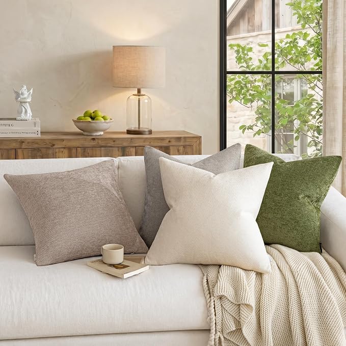 a moment Pack of 2 Decorative Chenille Throw Pillow Covers with Twill Cushion Covers for Sofa Living Room Couch Bed 22x22 Inch Beige
