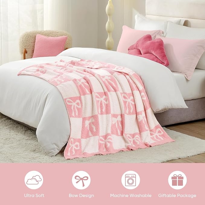 Snuggle Sac Bow Throw Blanket for Couch, Microfiber Fluffy Warm Cozy Fuzzy Reversible Checkered Blankets for Sofa, Chair, Bed, 50x60 inches for Wife Daughter Women Gift
