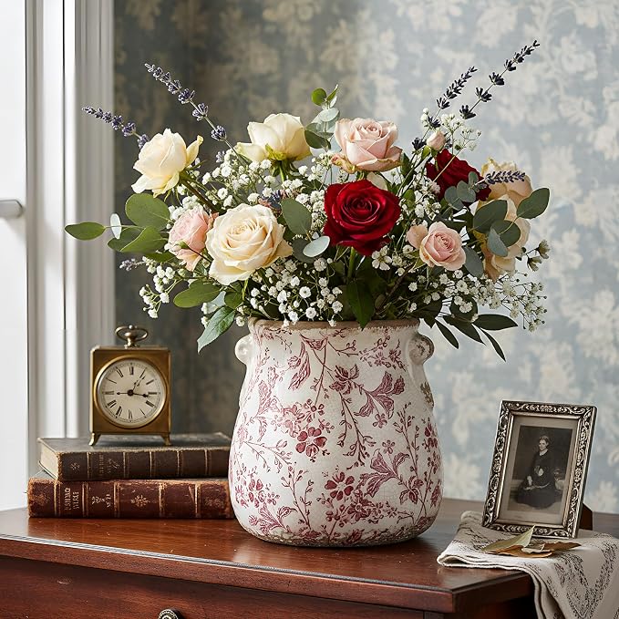 Ceramic Scroll Planter 6.5 Inch Chinoiserie Floral Vase with Drainage Holes Vintage Flower Vase Flower Pot Rustic Ceramic Pots for Indoor Plants Garden Home Bookshelf Decor(Pink Floral)