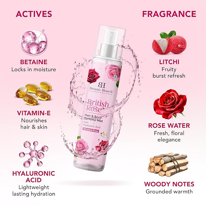 Botanic Hearth British Rose Hair Perfume & Body Mist, Long-Lasting Hair Deodorizer, Body Scent for Women & Men, Alcohol-Free Clean Fragrance Hair Spray For Everyday Wear, All Day Freshness, 3.4 Fl Oz