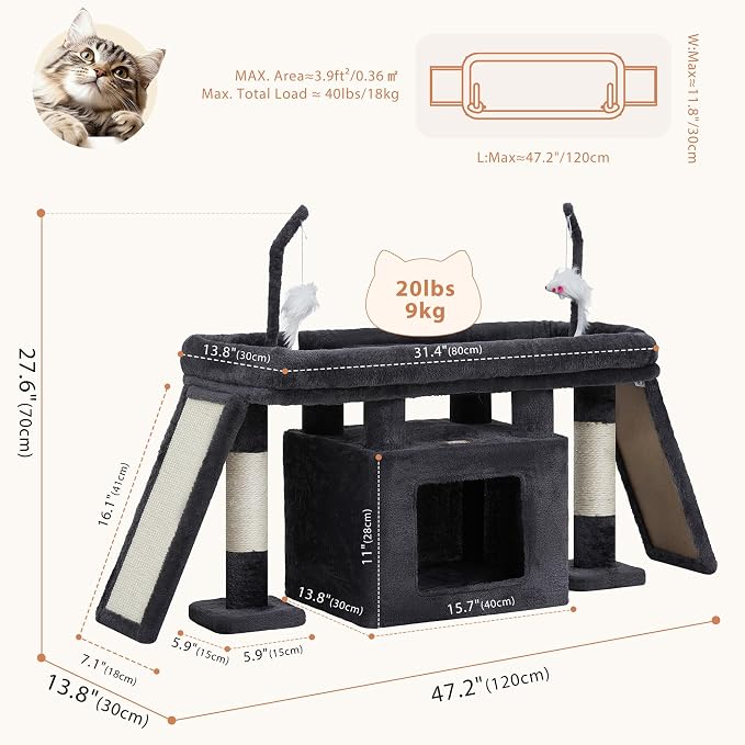 Heybly Cat Tree Extra-Long & Stable 2 Adjustable Scratch Boards HCT210SG | Easy-Climb Cat Tower with Dual-Leg Floor Condo, Sturdy Cat Furniture with Extra Wide Platform & Interactive Toys, Smoky Gray