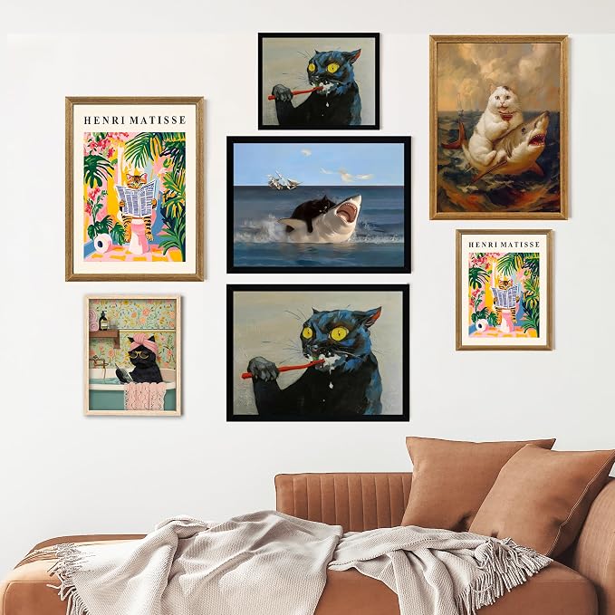 ICHZUMW Framed Funny Black Cat Biting Shark Ocean Canvas Wall Art 8x10 In | Quirky Cat Biting Shark Oil Painting, Humorous Bathroom Wall Decor, Bedroom Bar Man Cave Restroom Powder Room, Ready to Hang