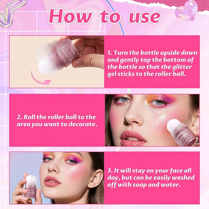 Body Glitter, Roll-on Glitter for Body, Face, Hair and Lip,Shimmer Three-Dimensional Glitter, Halloween Sparkling Body Contouring Highlight Makeup, 20g/0.7 oz (Laser Powder)