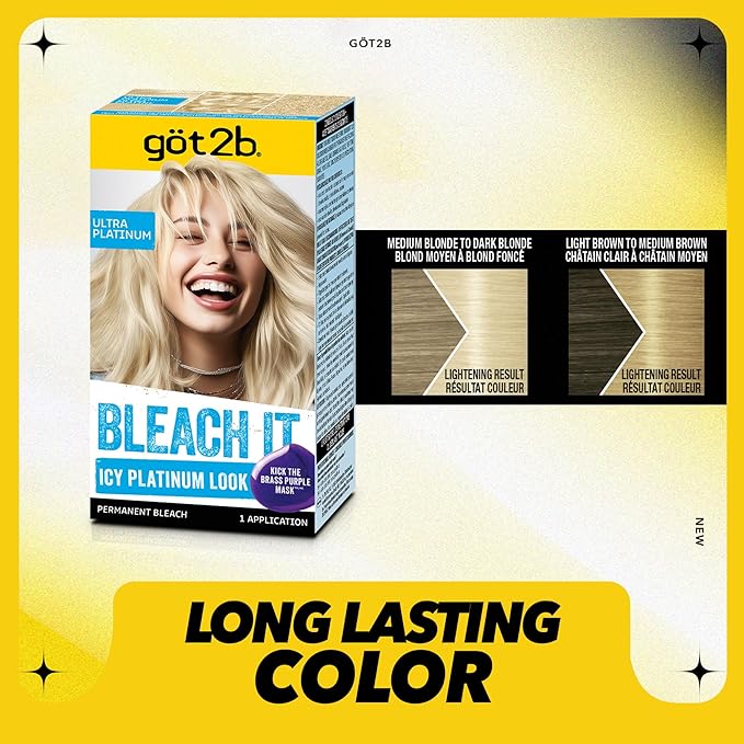 got2b Bleach It Permanent Hair Dye, Ultra Platinum Blonde, 00A, Hair Bleach Kit with Developer and Anti-Brass Purple Mask, Lightens Up to 8 Levels, Gel Formula for Easy Application, 1 Count