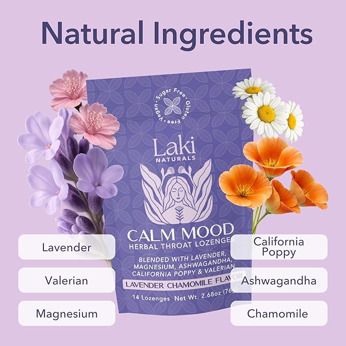 Laki Naturals Lavender Chamomile Calm Mood Functional Herbal Lozenges (2 Pack) Throat & Mood Calming Hard Candies with Magnesium, Ashwagandha, California Poppy & Valerian