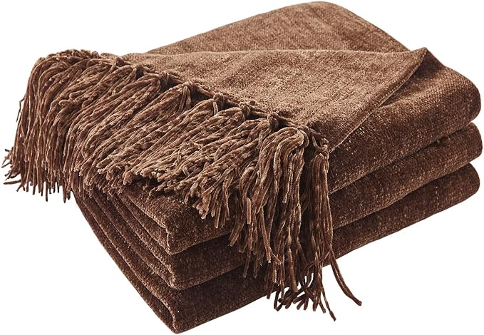 CozeCube Chenille Throw Blanket, Dark Brown Fringe Blanket, 50"X60" | For Couch, Cozy Plush Fuzzy Decorative Blanket with Fringe Tassels, Lightweight Throws for Bed Sofa Gift Home Decor