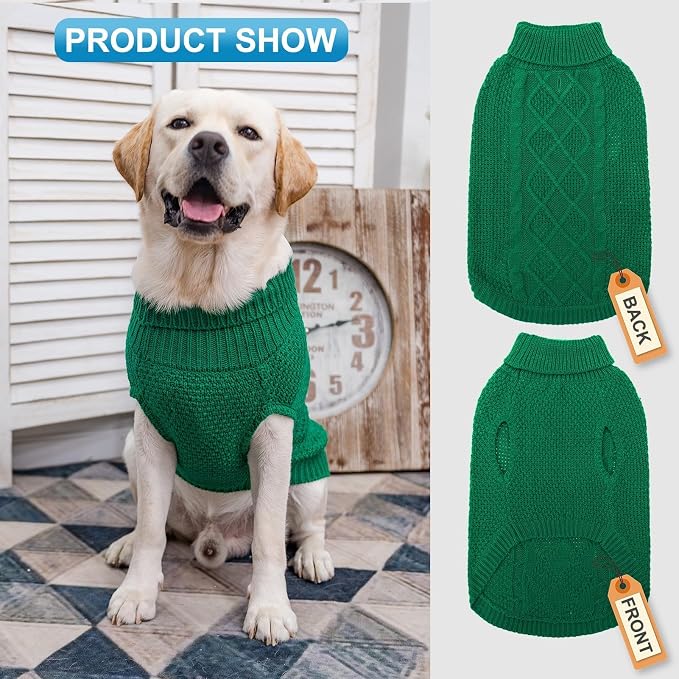 Mihachi Turtleneck Dog Sweater - Winter Coat Apparel Classic Cable Knit Clothes with Leash Hole for Cold Weather, Ideal Gift for Pet in New Year Green Medium