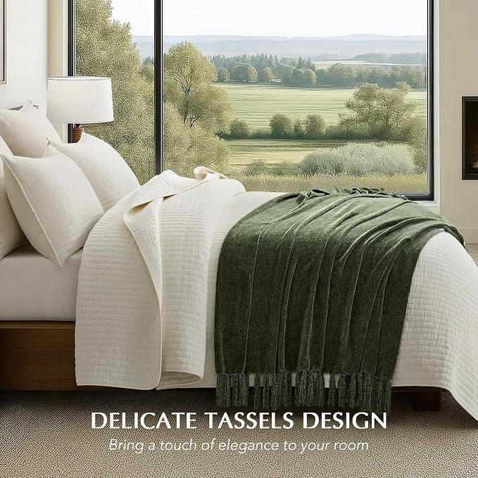 Chenille Knit Throw Blanket for Couch, 50"x60", Olive Green | Cozy Plush Fuzzy Knittd Throw with Tassels, Lightweight, Decorative, Farmhouse Decor, Ideal for Bed Sofa Gift, All Seasons