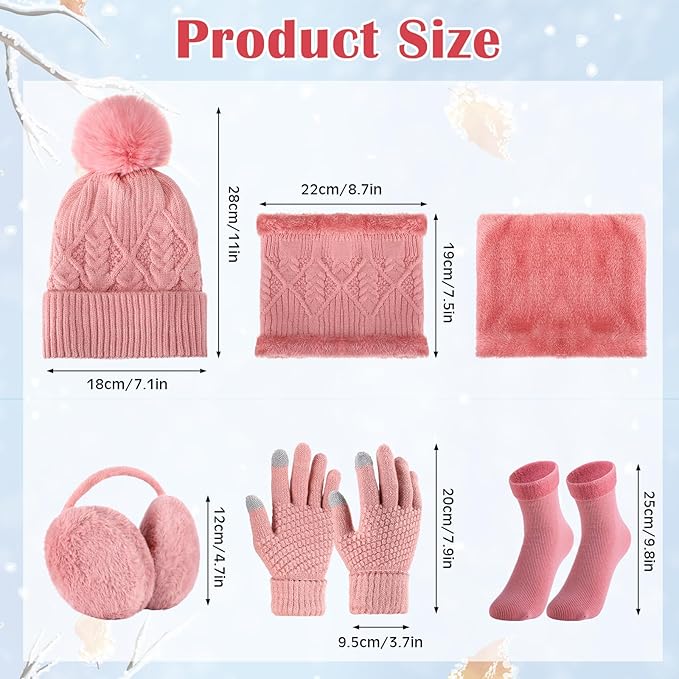 SATINIOR 5 Pcs Winter Hat Scarf Gloves Set Fleece Lined Knit Beanie Hat Warm Touch Screen Gloves Earmuff Warmer for Women(Pink,Chic Style)