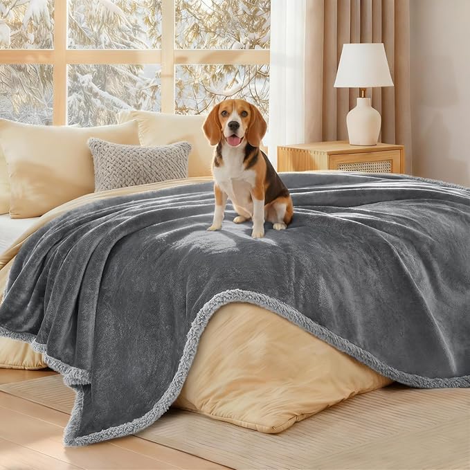 Luciphia Waterproof Bed Blanket Washable, Soft Sherpa Fleece Puppy Reversible Throw Blankets for Medium Large Dog Cat, Furniture Cover Protector Couch from Liquid Pee and Pet Fur, Light Grey,65" x 57"