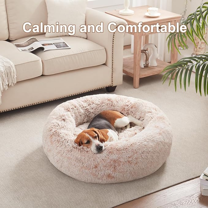 33 in Faux Fur Fluffy Donut Dog Bed for Medium Plus Dogs,Brown | Calming Plush Round Pet Bed with Removable & Washable Cover,Fits up to 65 lbs Pets