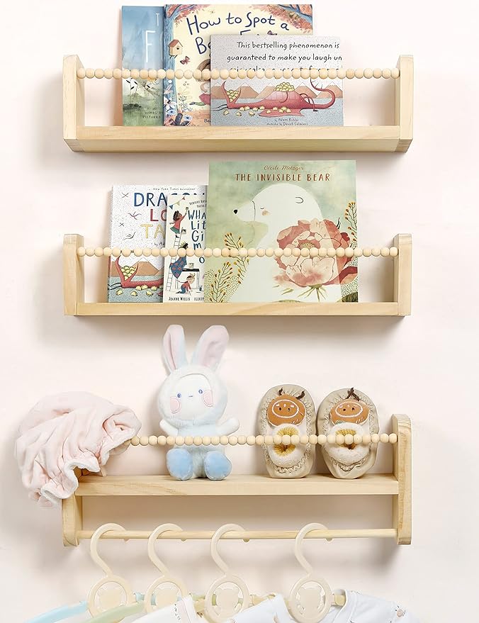 Maxpeuvon Nursery Shelves for Wall Set of 3, Natural Wood Floating Shelves | Kids Bookshelf with Towel Bar, Wall Mounted Organizer and Decor with Beads, for Kids Room, Bedroom and Kitchen