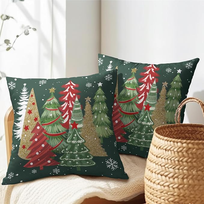 Kawani Christmas Tree Throw Pillow Covers 16x16 Inch Set of 2 Red Gold Green Pine Trees Decorative Pillows Pillowcase Square Cotton Linen Cushion Case for Bed Living Room Outdoor Car