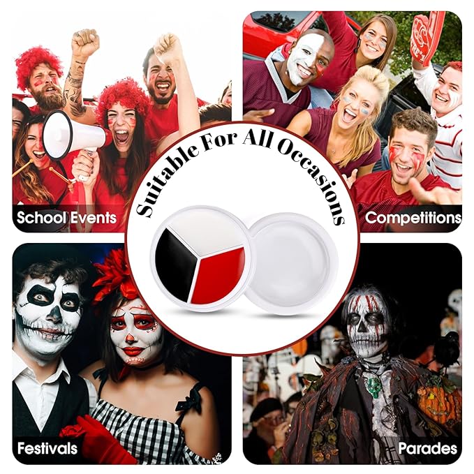 3 Colors Face & Body Paint [Black, White, Red] + 3pc Sponge & Brush, Baseball Eye Black for Sports Face-Painting, Halloween Makeup Kit for Zombie, Clown, Vampire, Skeleton, Joker Costume Makeup