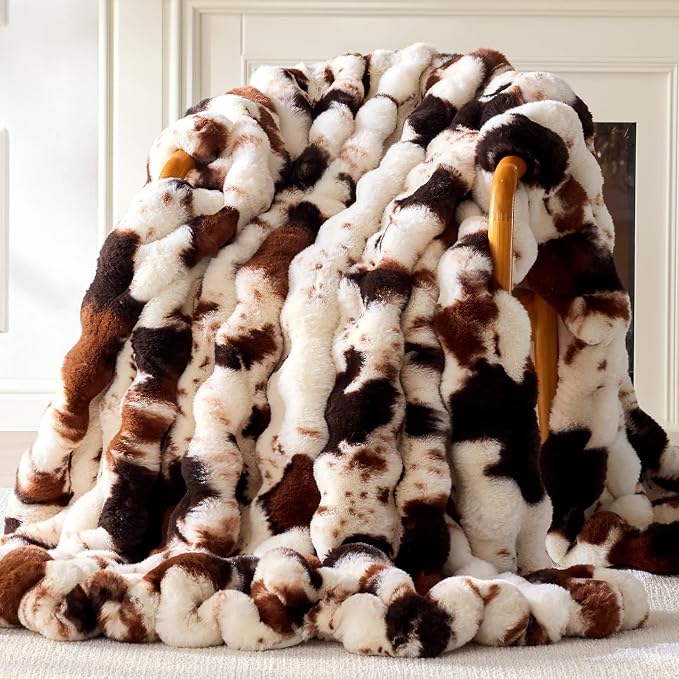 Anysay Faux Fur Throw Blanket, 1000GSM Fluffy Soft Bubble Blanket 50''*60'' | Cozy Plush Warm and Thick Blanket for Couch Bed, Fuzzy Rabbit Throw for Living Room Bedroom Cow Brown