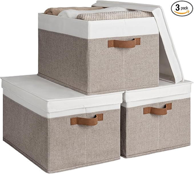 StorageWorks Fabric Storage Bins with Lids, Closet Storage Bins | Lidded Dust-proof, Easy Pull Handles, Foldable, Stackable, Ideal for Clothes Blanket Towel, Jumbo, Brown and White, 3-Pack