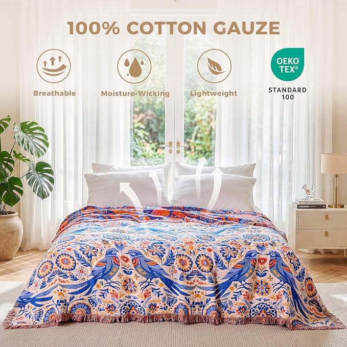 LUTBM Boho Throw Blanket for Couch 50"x60", Cotton Decorative Bed Throw | Reversible Floral Bird Jacquard, All-Season Muslin Blankets, Lightweight Breathable Gauze, For Chair Sofa Living Room Decor