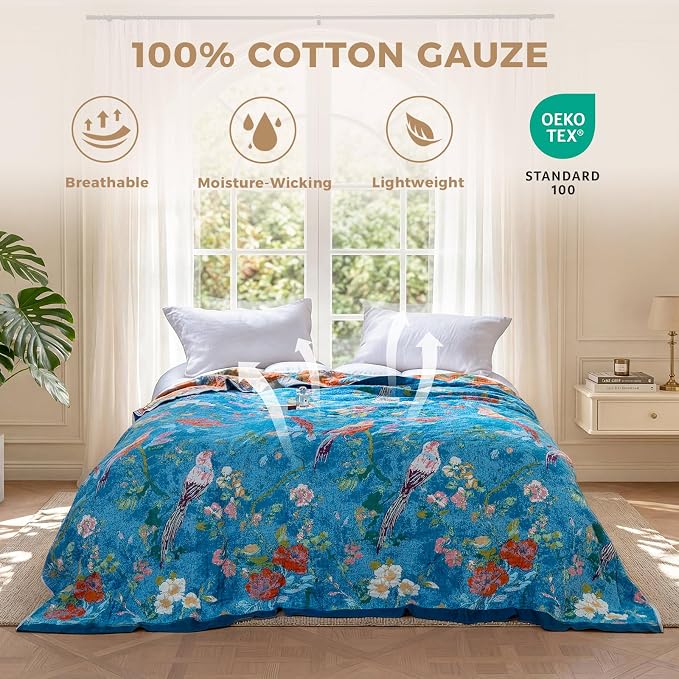 LUTBM Boho Throw Blanket for Couch 50"x60", Cotton Decorative Bed Throw | Blue Reversible Floral Birds Embroidery, All-Season Lightweight Breathable Blankets, For Chair Sofa Bedroom Living Room Decor