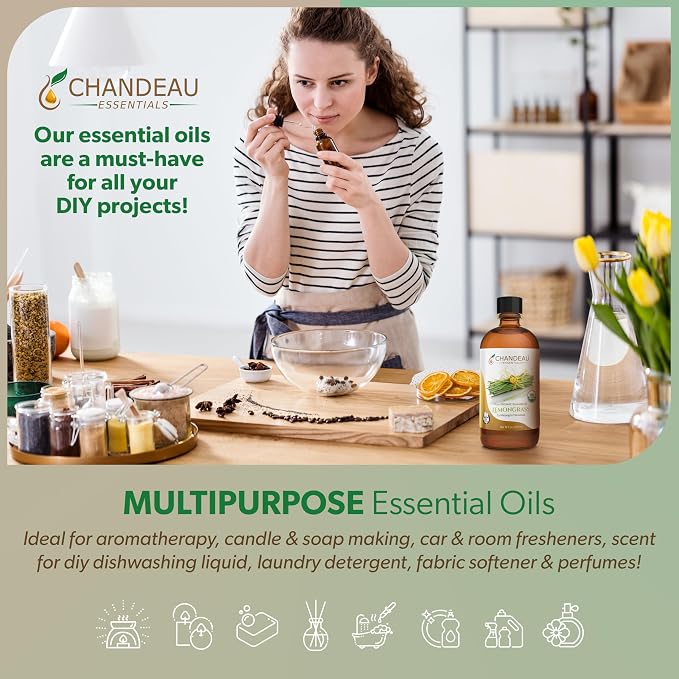 100% Pure Organic Essential Oil, Pure Lemongrass Essential Oil for Aromatherapy, Soap Making, Candles, Laundry, Perfume, Cleaners or Diffusers - Large Amber Glass Bottle, 16 oz.