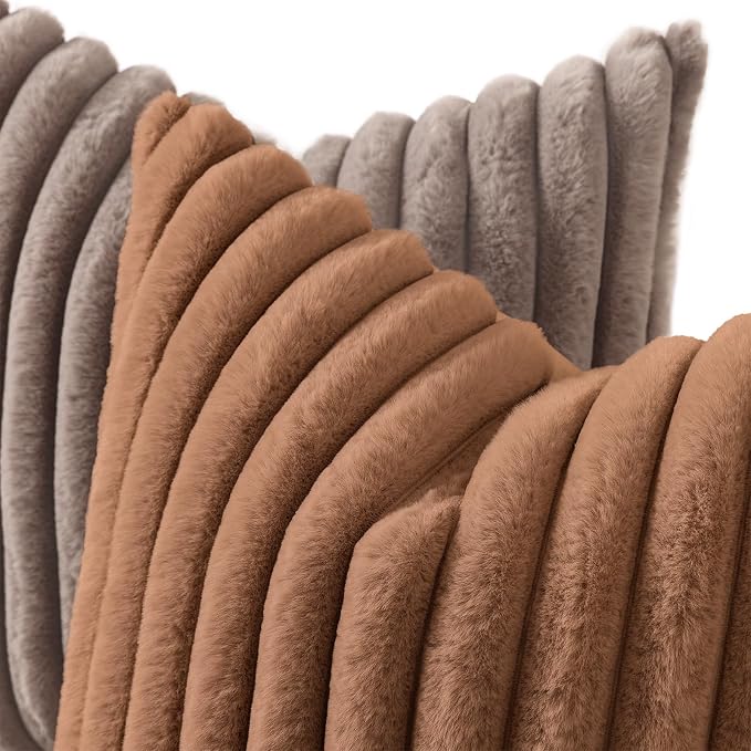 decorUhome Fall Faux Fur Throw Pillow Covers 24x24 Set of 2 Brown | Decorative Soft Cozy Striped Plush Modern Farmhouse Boho Couch Pillow Cases Velvet Back for Sofa Bed Living Room Home Decor