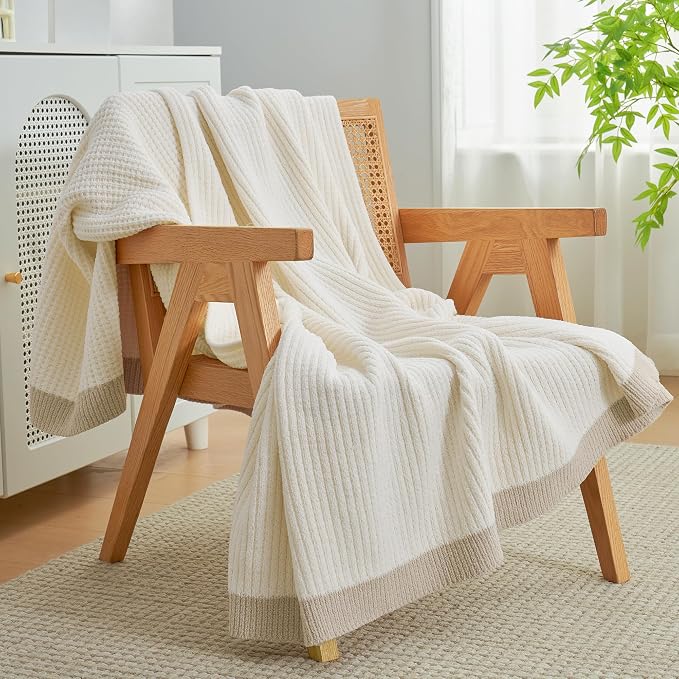 Chenille Throw Blanket, Soft Cozy Waffle Throw for Couch & Sofa, Warm Yet Lightweight, Breathable All-Season Throws for Women Men, Housewarming, Birthdays, 50"x60", Ivory