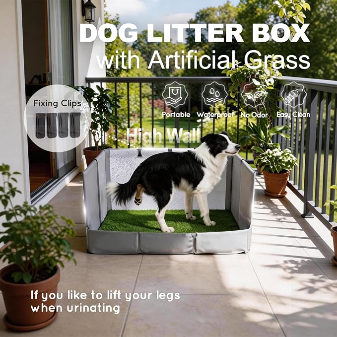 HQ4US Dog Grass Pad with Tray, Foldable Litter Box High Wall, Indoor Potty | Large Easy Clean Puppy Pee Pad Holder with Odor Free Artificial Grass Patch for Dogs Potty, Leakproof, No Assembly, Portable