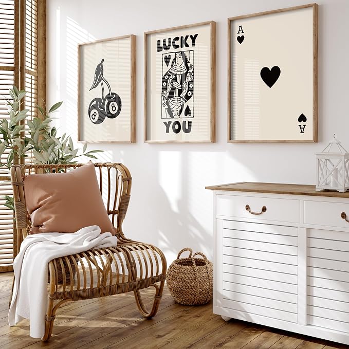 Heiple Framed Set of 3 Poker Wall Art Lucky You Poster, Trendy Retro Print Wall Decor for Queen of Hearts Wall Art Rustic Vintage Farmhouse Home Wall Decor（Brown 12"x16"）