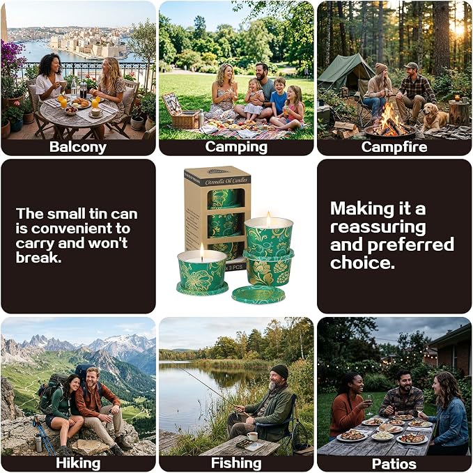 Portable Citronella Candles for Outdoor Patio - 3 Pack 2.2oz Travel Size Natural Soy Wax Candles in Shatterproof Tins, 30 Hours Total Burn Time for Camping, Fishing, Backyard Party & Deck Décor