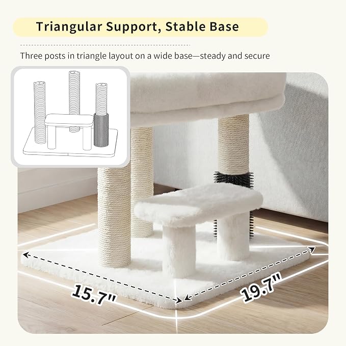 Heybly Cat Scratching Post with Grooming Brush & Gentle Step, HSP001SWH | Small Cat Tree with 5 Full Sisal Posts, Removable Plush Bed, Stable & Space-Saving Cat Furniture for Indoor Cats, White
