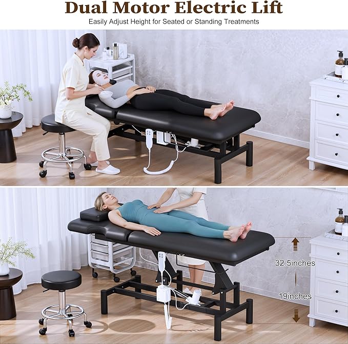 Electric Spa Bed, Dual Motor Electric Massage Table with Adjustable Backrest & Height, Adjustable Massage Table with Sturdy 4 Leg, Paper Holder for Spa, Massage, Esthetician, Salon