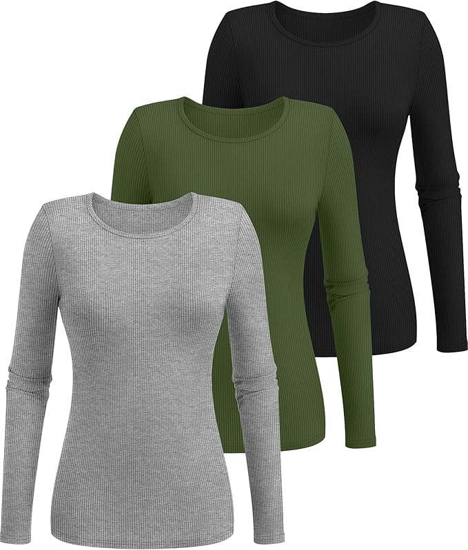 Ficerd 3 Pack Women's Ribbed Long Sleeve Tops, Crew Neck Slim Fit Undershirts Knit Basic Casual Stretch Layering Tee Shirts