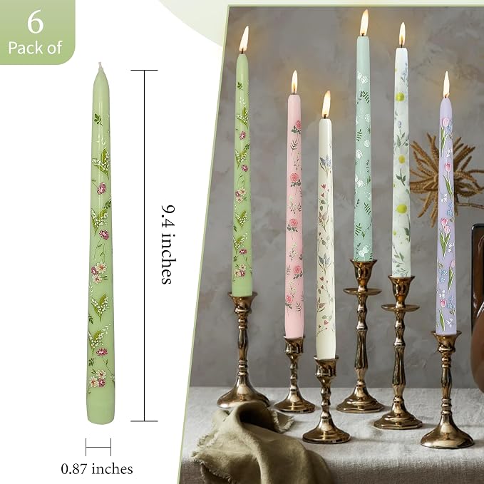 Floral Toile Candle Sticks Print Smokeless Candlessticks 6 Pack Handmade Pastel Candle 10 inches Long Flower Tapered Candles for Dining Living Room Mantel Cozy Hygge Ambiance Everyday Home Decor