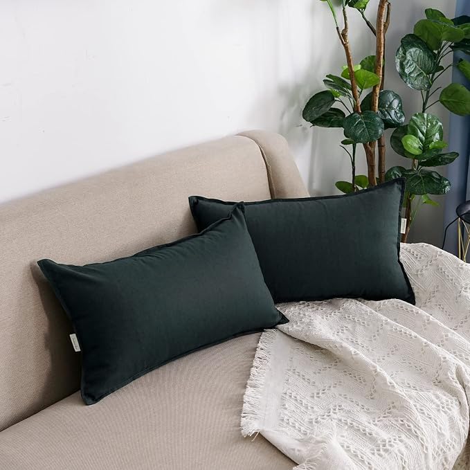 Jeanerlor Cotton Linen Decorative 12"x20" Lumbar Throw Pillow Case Cushion Cover with Twin Needles Stitch on Edge,for Wedding/Party/Gift/Car (30 x 50cm), Dark Green
