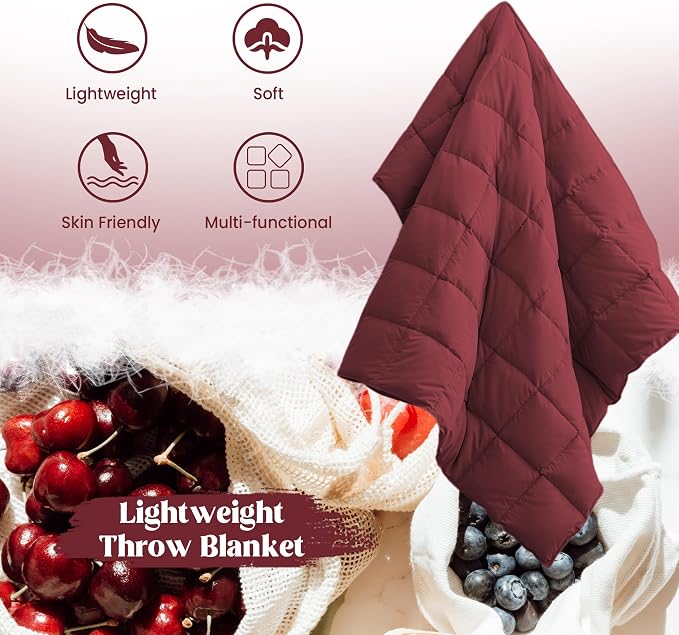 puredown® Soft Feather Down Throw Blanket Lightweight Packable Couch Throw for Indoor and Outdoor Use, Throw 50"X70", Wine