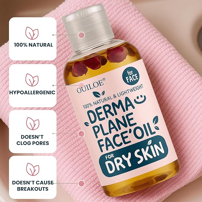 Dermaplane Oil for Women with Dry Skin - Face Shaving Oil - Non Comedogenic, Fragrance Free, Natural & Lightweight - Use with Dermaplane Razor for Women Face, 2oz by Ouiloe