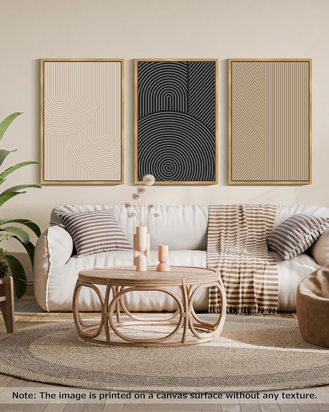 Drsoum Mid-Century Modern Framed Wall Art Large 24x36in Minimalist Abstract Boho Neutral Line Wall Decor Geometric Artwork Kitchen Dining Room Natural Framed