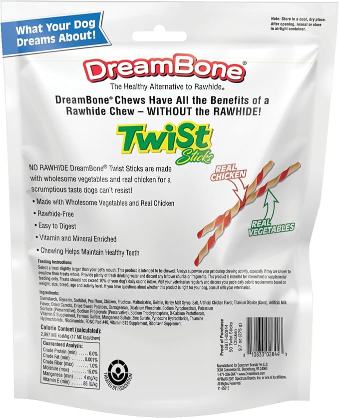 DreamBone Twist Sticks, Made with Real Chicken, Rawhide-Free Chews for Dogs, 50 Count (3 Pack) | Daily Chew, Digests Safely and Completely, Made With Real Chicken and Veggies, For Adult Dogs