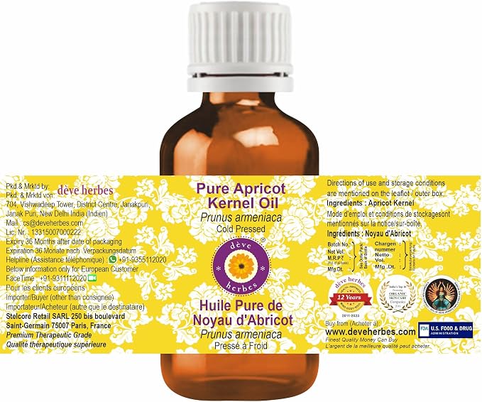 Deve Herbes Apricot Kernel Oil (Prunus armeniaca) | Cold Pressed | Pure | Natural | Undiluted | For Diluting Essential oils | For Skin & Massage | Non-Sticky | Lightweight | Unisex | 50ml (1.69 oz)