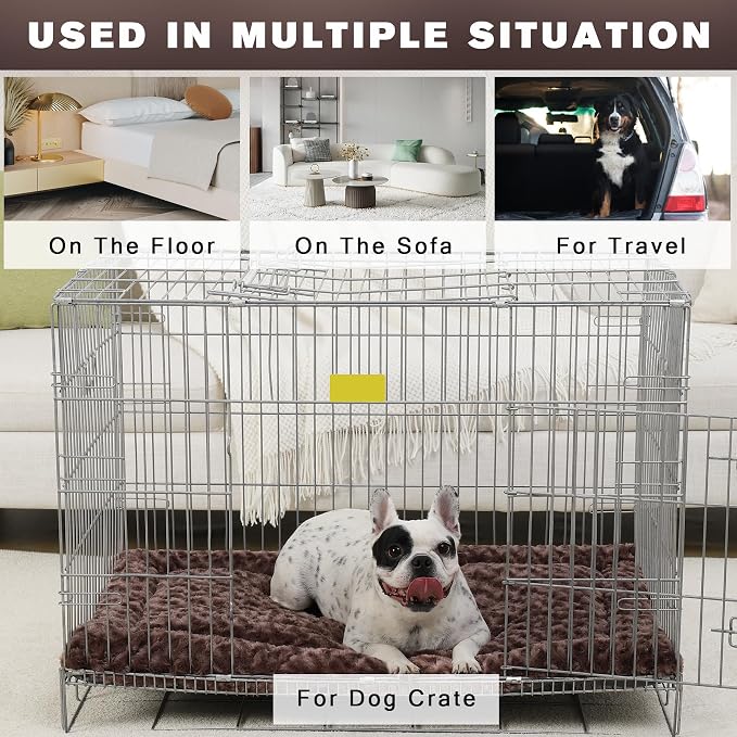 Exsnugy Washable Dog Bed Mat Medium Size Fluffy Pet Crate Pad 30x19 | Non-Slip Bottom Kennel Beds Ultra Soft Comfy Sleeping Mattress for Large Medium Small Dogs Brown