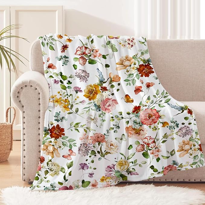 Watercolor Flowers Throw Blanket Botanical Floral Throw Blanket Ultra Soft Flannel Fleece Bed Blanket Cozy Fuzzy Plush Couch Cover Lightweight Wildflowers Plants Blanket for Sofa Bed 60" X 80"