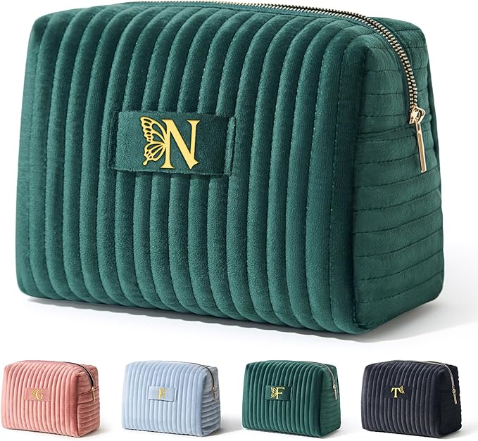 COSHAYSOO Travel Makeup Bag Quilted Make Up Pouch Initial Cosmetic Case with Butterfly Decorations for Women Birthday Easter Mothers Christmas Valentines Graduation Appreciation Gifts Green Letter N