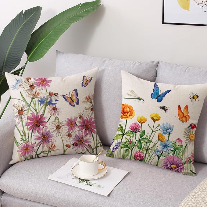 wyooxoo Throw Pillow Covers 20x20 Set of 4 Summer Spring Pillow Covers Flower Butterfly Farmhouse Cushion Case for Sofa Couch Outdoor Patio