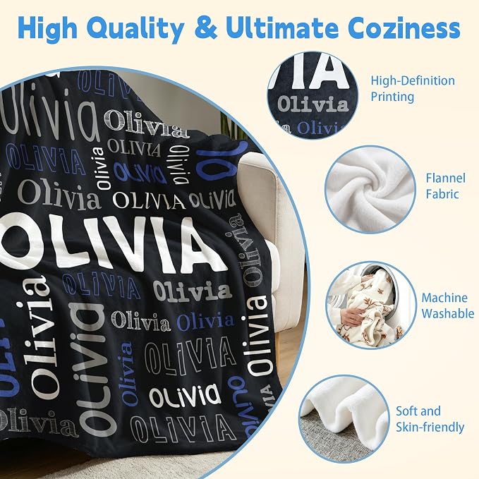 Custom Blanket with Name, Personalized Name Blankets for Teen Girls Boys Kids Baby, Customized Flannel Throw Blanket Gifts for Christmas Birthday - Printed in USA