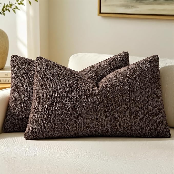 MIULEE 12x20 Decorative Lumbar Boucle Couch Pillow Covers Cocoa Brown | Set of 2 Textured Neutral Fall Autumn Throw Pillow Covers, Accent Solid Pillowcases, Sofa Living Room Home Decor